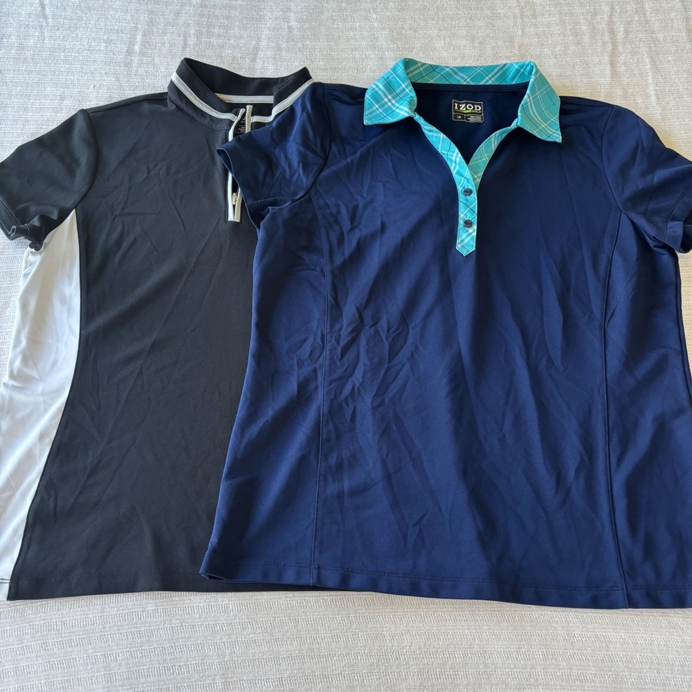 Lot of 2 IZOD Golf Womens Polo Shirts Size Large Navy Plaid Black Quarter Zip